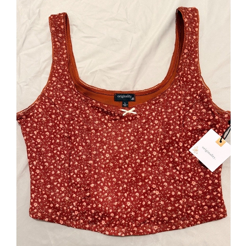 Originality Womens Rust Floral Mesh Corset Tank Top Ditsy Cami NWT Large